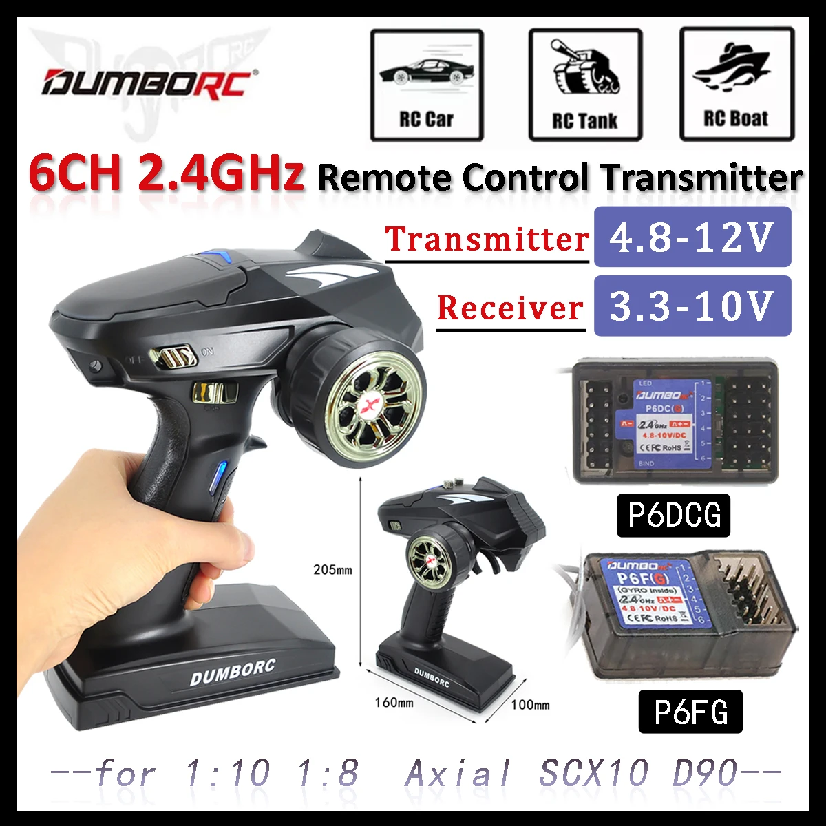 

DUMBORC 1:10 1:8 SCX10 Axial D90 RC 6 Channel X6/X4 Remote Control Transmitter & Receiver for RC Crawler Car Boat Tank Toy Parts