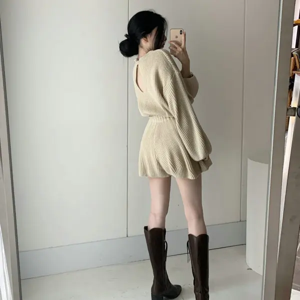 

Универсальный вязаный комбинезон Solowen с круглым вырезом, длинными рукавами и завязками на талии, простой, но стильный, повседневный.