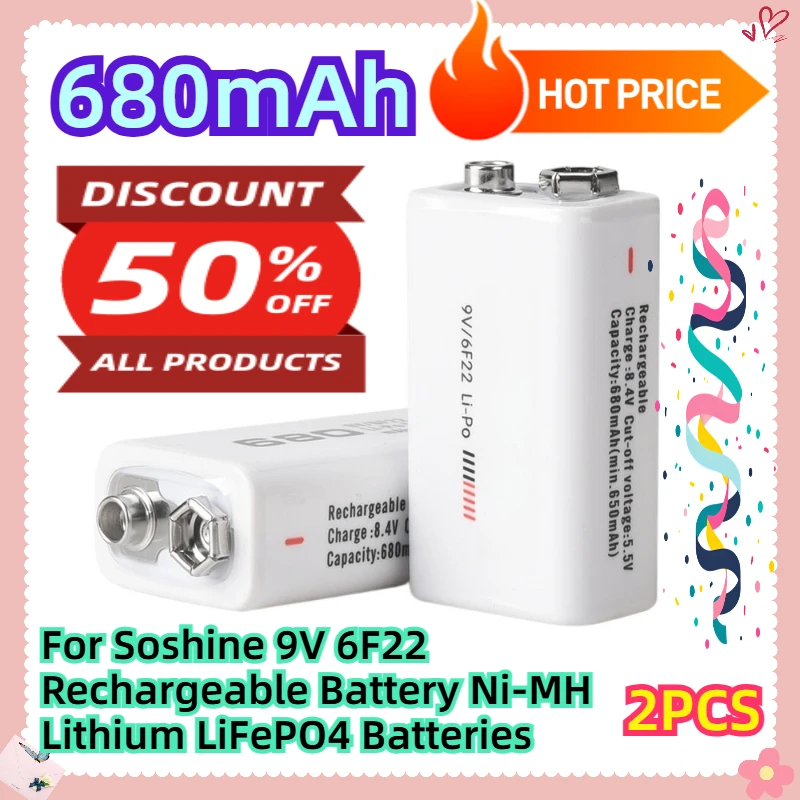 

2 шт. 680 мАч для Soshine 9 В 6F22 Ni-MH литиевые аккумуляторы LiFePO4