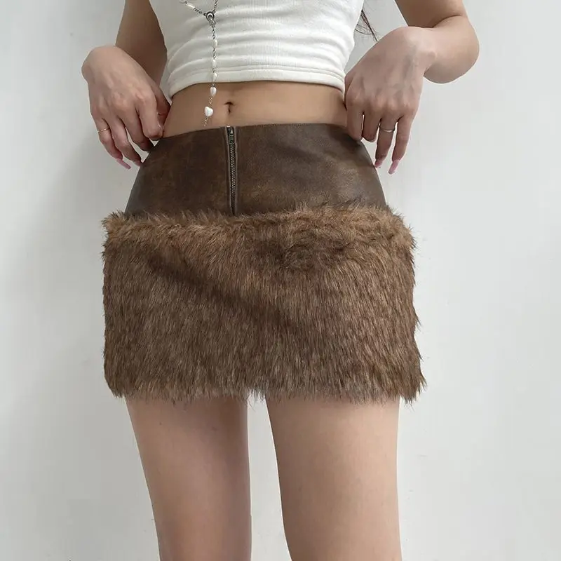 Autumn and Winter New Spicy Girl Leather Splicing Bag Hip Short Skirt  Brown Low Waist Open Umbilical Zipper Hairy Short Skirt