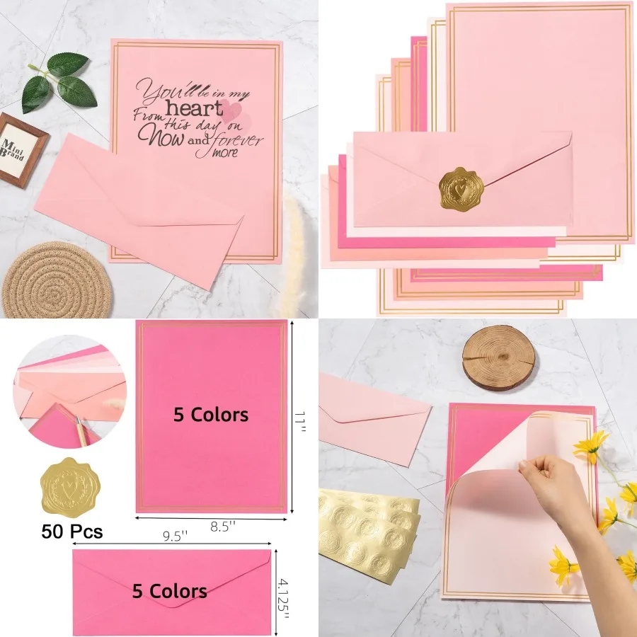 

50 Pack Colored Stationery Set with 5 Colors 10 Business Envelopes 50 Sheets of 8.5x11 Paper and Gold Stickers for Office Use P