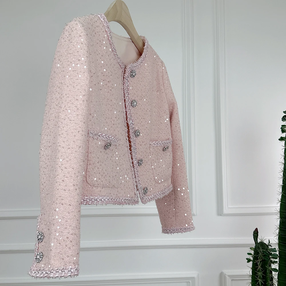 2024 Elegant Autumn Winter Sweet Girls Pink Squin Tweed Jacket Coat New Women Single Breasted Glitter Weave Tassel Short Outwear