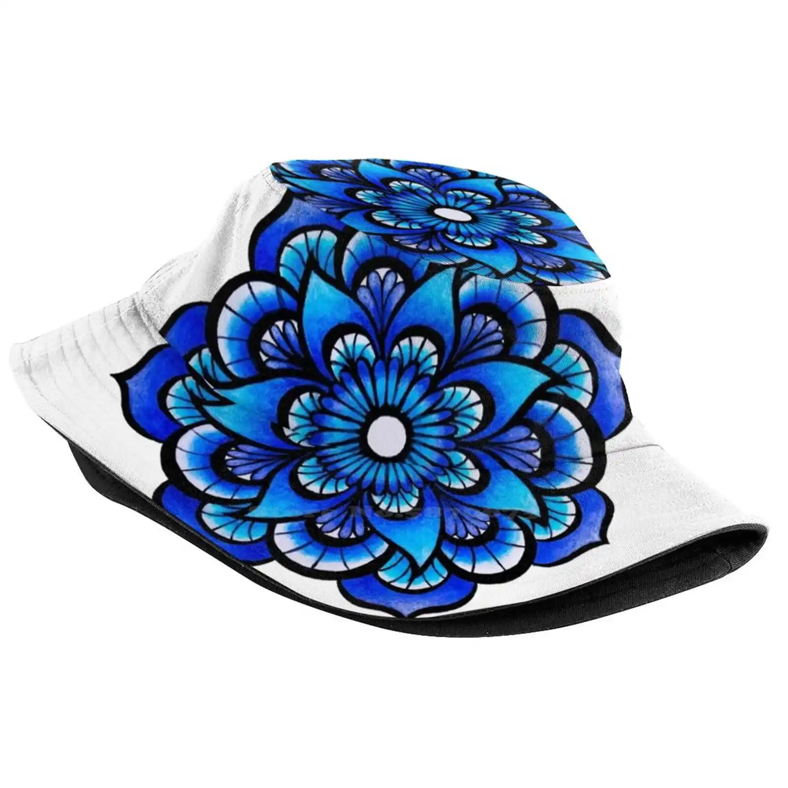 Blue Mandala Flat Top Breathable Bucket Hats Blue Mandala Zendala Zentangle Zen Art Analogous Colors Colorful Bright Flower