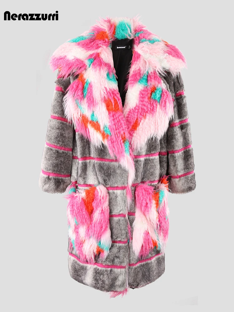 Nerazzurri Winter Long Loose Stylish Warm Soft Fluffy Striped Patchwork Faux Fur Coat Women with Colorful Big Collar and Pockets