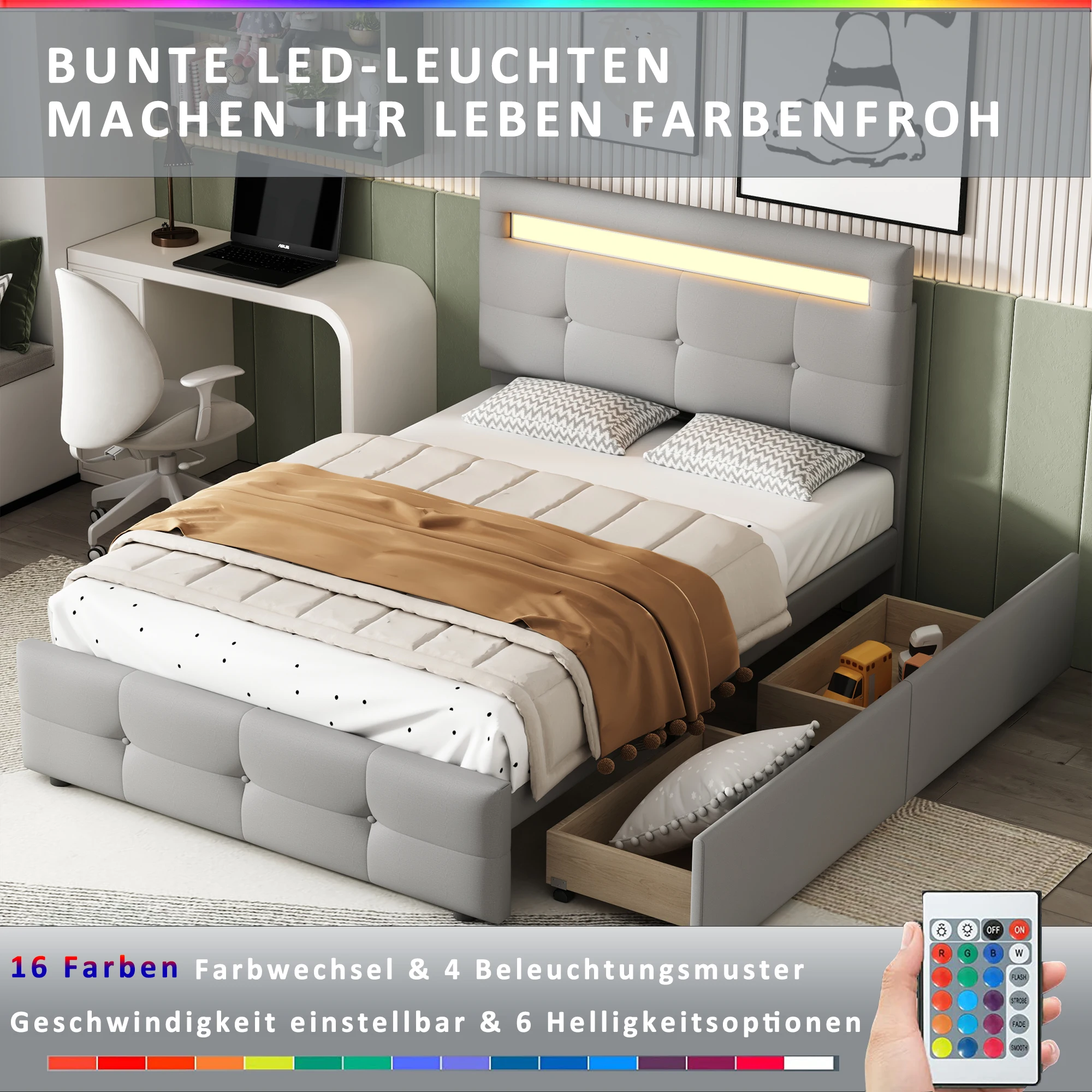 Upholstered bed 90*200cm with LED lights, 2 drawers, skin-friendly linen upholstery flat single bed children's bed youth bed