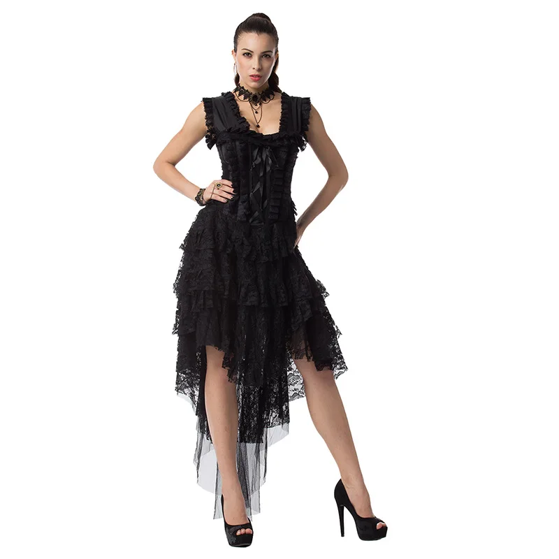 

Black Floral Lace Long Asymmetrical Victorian Steampunk Dress Cosplay Adult Vintage Medieval Costume Woman Sexy Gothic Clothes