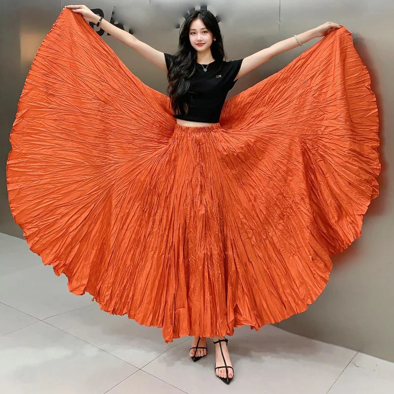 Maxi Long Pleated Skirt Women High Waist Floor-Length Skirt Female Vintage Fashion Summer Skirt Womens Red Big Hem A-line Skirt