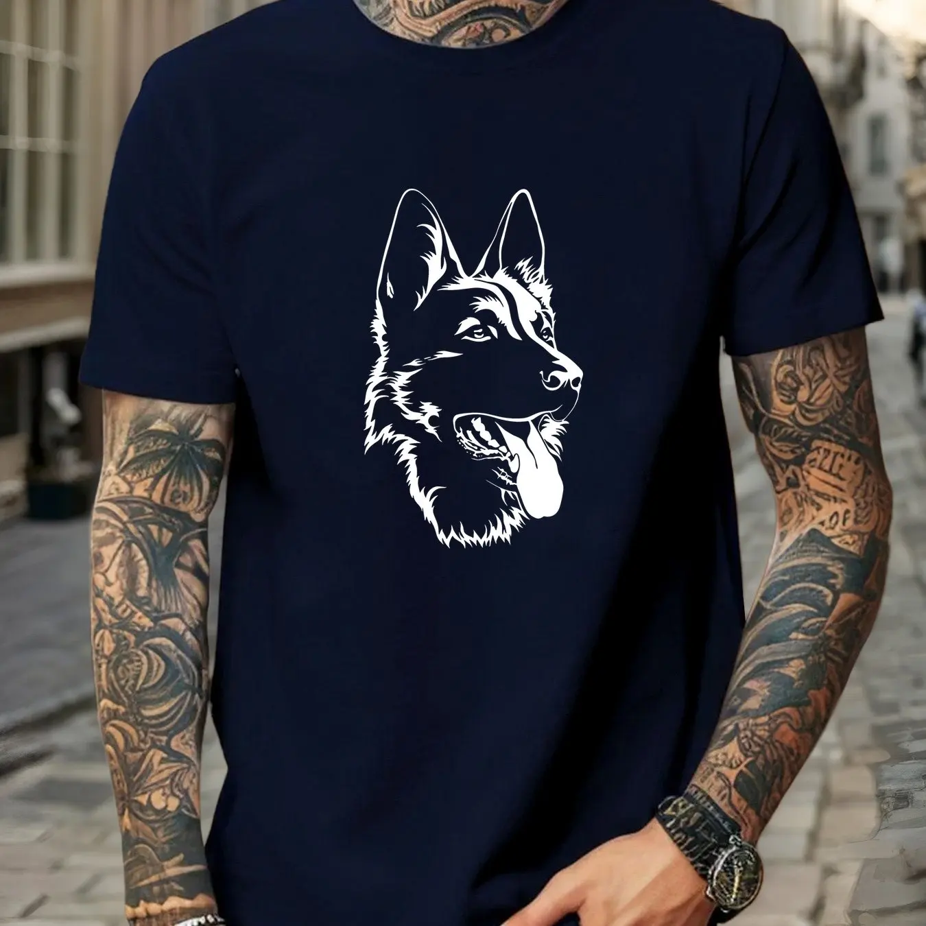 Men German Shepherd Graphic Cotton T-Shirt - Casual Crew Neck Short Sleeve Summer Tee with Dog Print Men Clothing