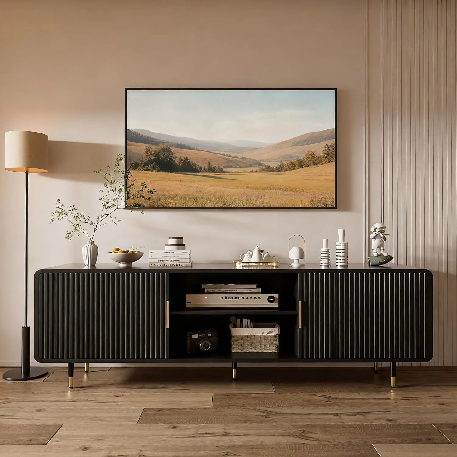 

Black Fluted Curved TV Stand Console 65" Sliding Doors Adjustable Shelves Living Room Bedroom, Customized