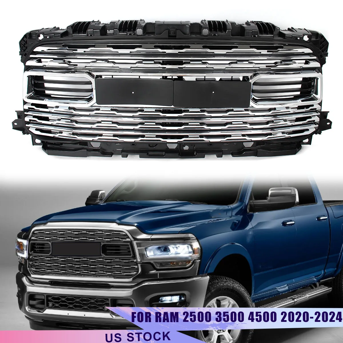 

Horizontal Billet Grill Front Bumper Grill Chrome For RAM 2500 3500 4500 2020-2024 Hood Grill w/o Camera Hole Replace 68516019AA