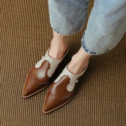 Summer Shoes Women Covered Toe Women Slippers Chunky Heel Mules Split Leather Shoes for Women Slingback Sandals Handmade Shoes