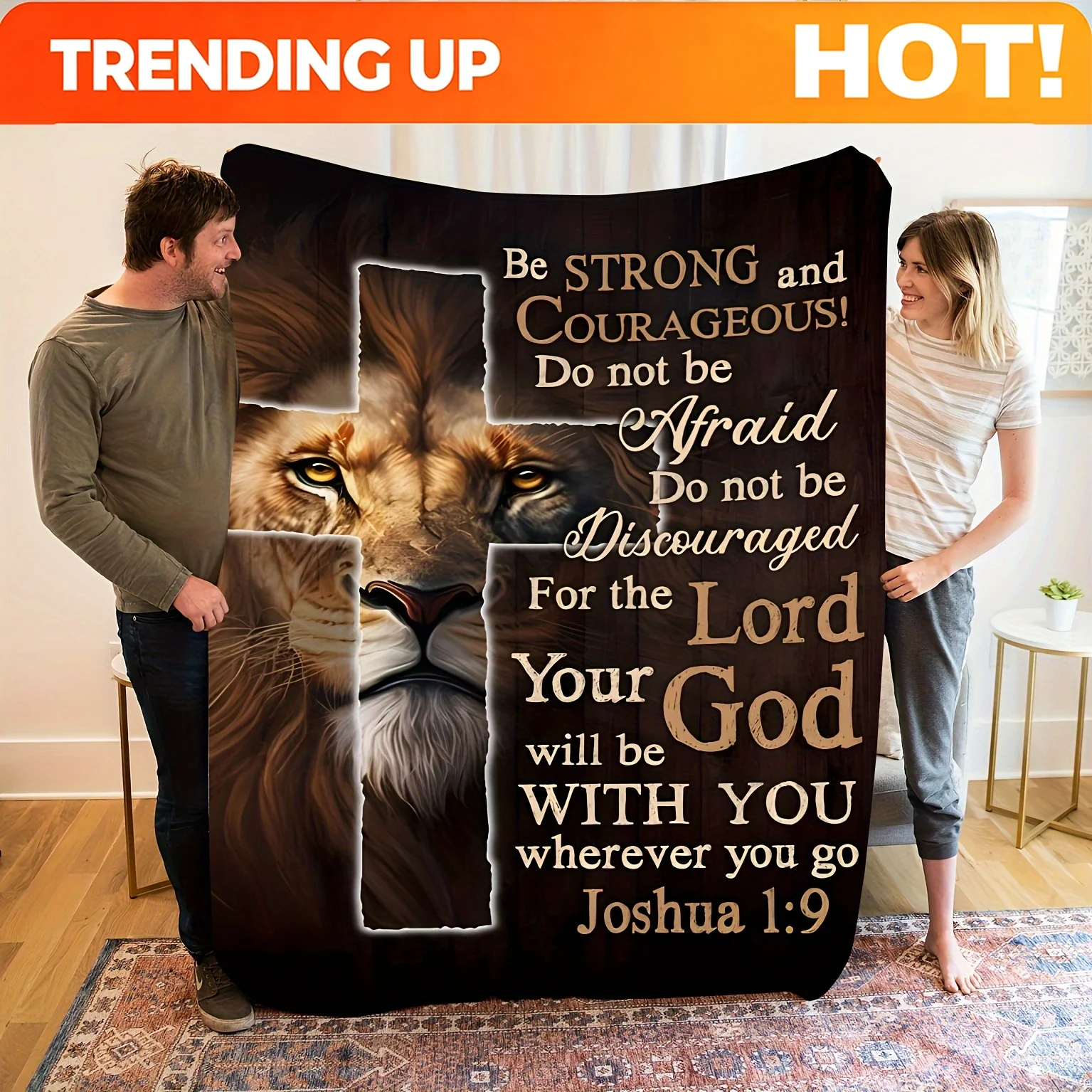 Customize 1pc Christian Religious Inspirational Bible Verse Flannel Blanket- Joshua 1:9, Soft and Warm Shawl with Lion of Judah
