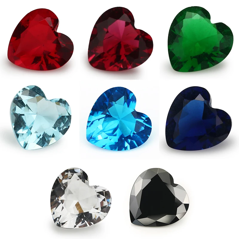 Tamaño 3x3 ~ 12x12mm Forma de corazón Piedra de vidrio suelta Gemas sintéticas Rosa Mar rojo Azul Verde Blanco Negro Granate