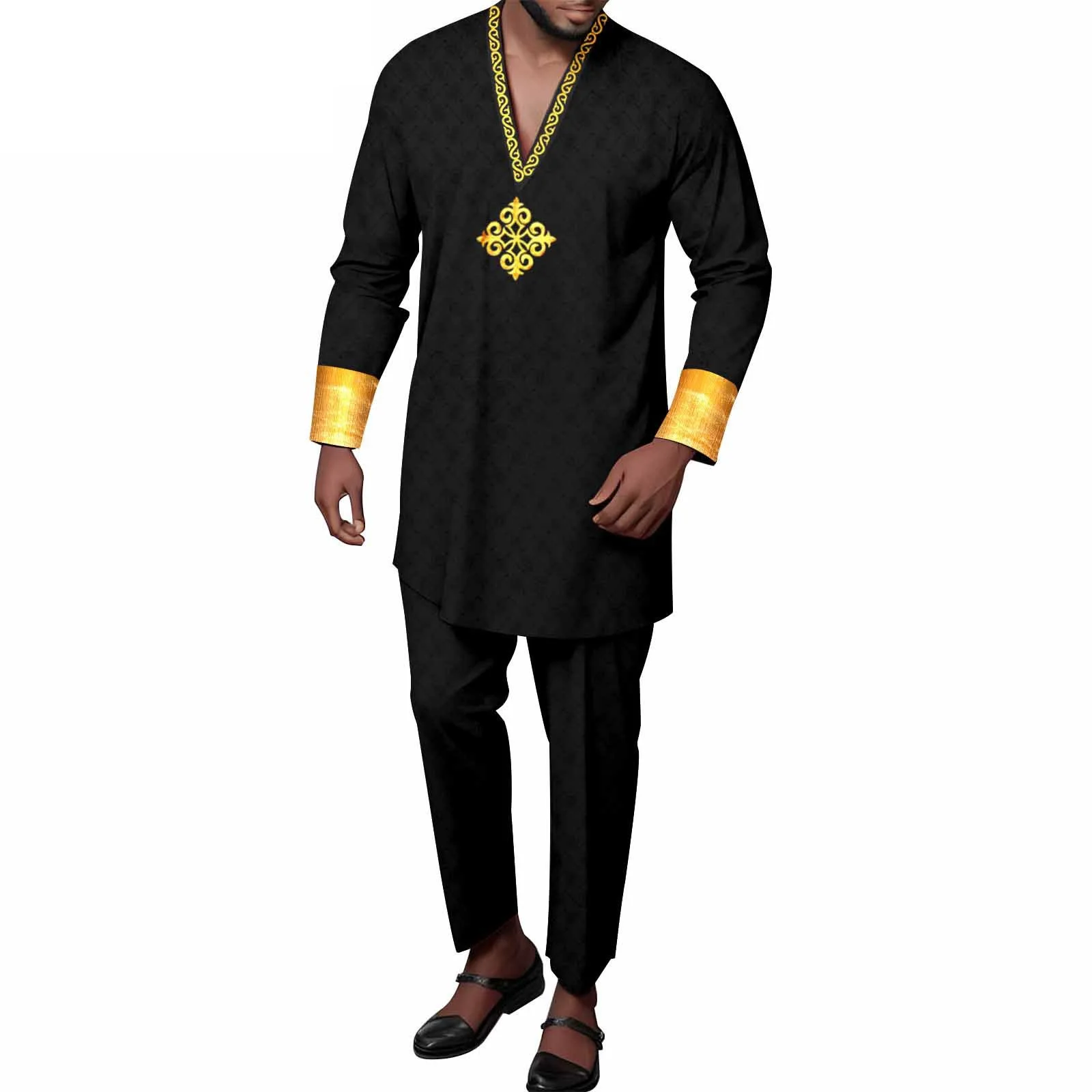 

African Suits for Men V-neck Long Sleeve Embroidery Shirts and Pant 2 Piece Set Dashiki Tracksuit Bazin Riche Outfits