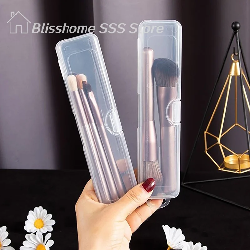 【S】Organizador portátil de brochas de maquillaje, lápiz para cejas, cubiertos, palillos, transparente con tapa, caja de almacenamiento, accesorios de cocina