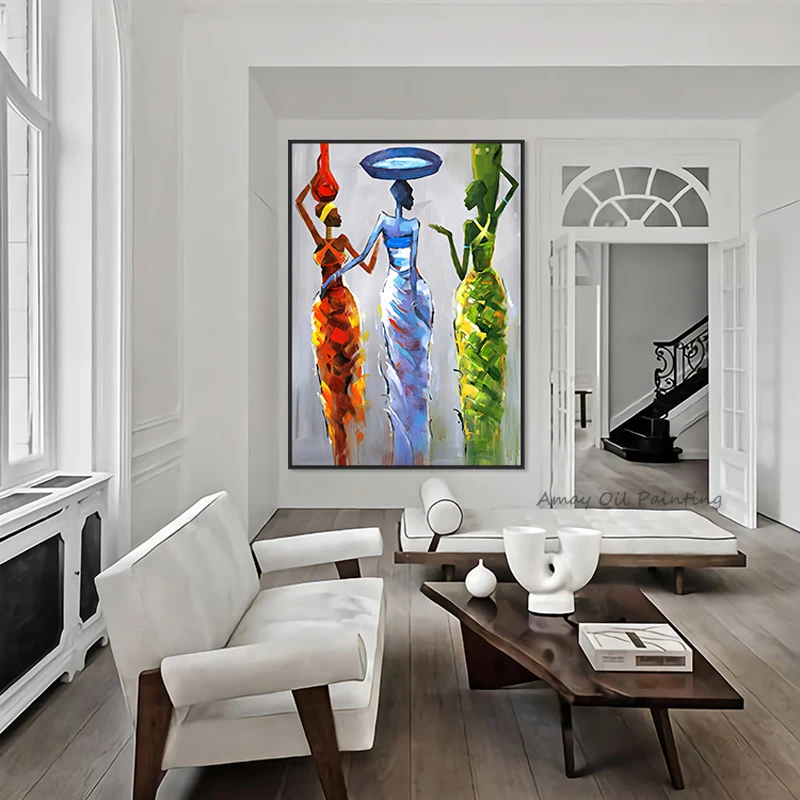 Handpainted Vertical Textured African Lady Art Painting Bold Multicolor Ethnic Art For Modern Living Room Decor