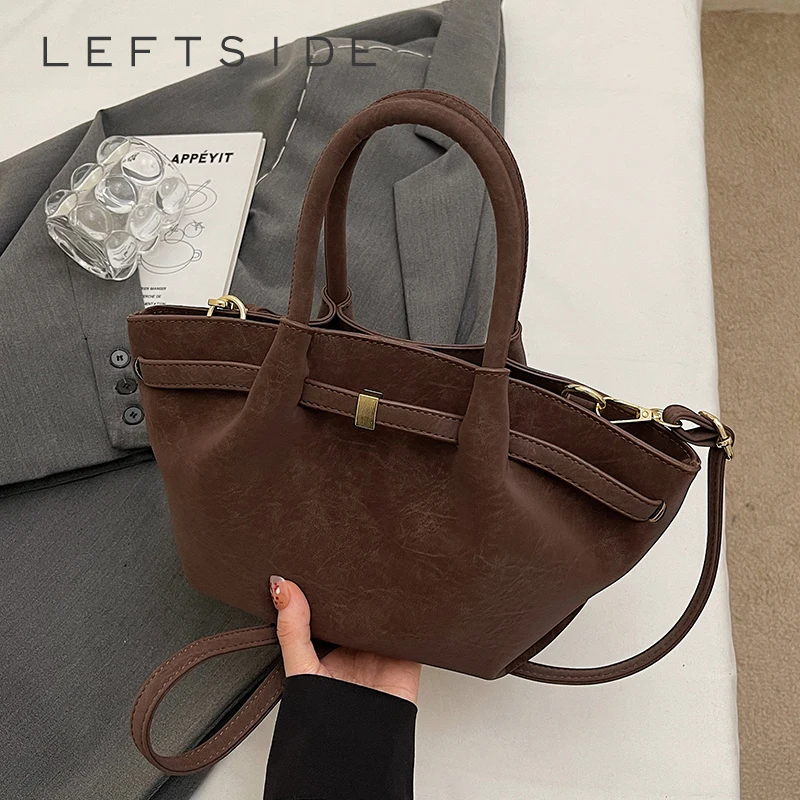 

LEFTSIDE Small PU Leather Tote Bag for Women Shoulder Crossbody Bags 2025 Designer Luxury Short Handle Handbags and Purses