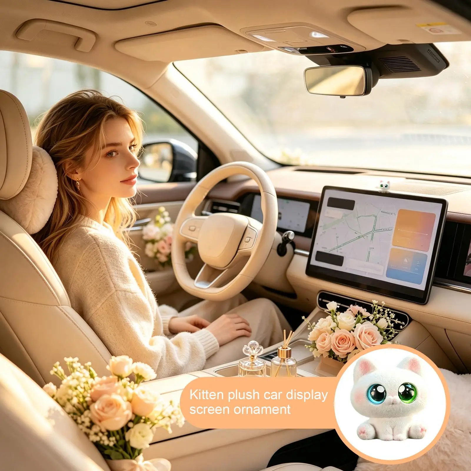 Car Screen Figures Cat Shape Office Desk Decoration Ornament Computer Monitor Decorations For Women Men Drivers Collectors Long