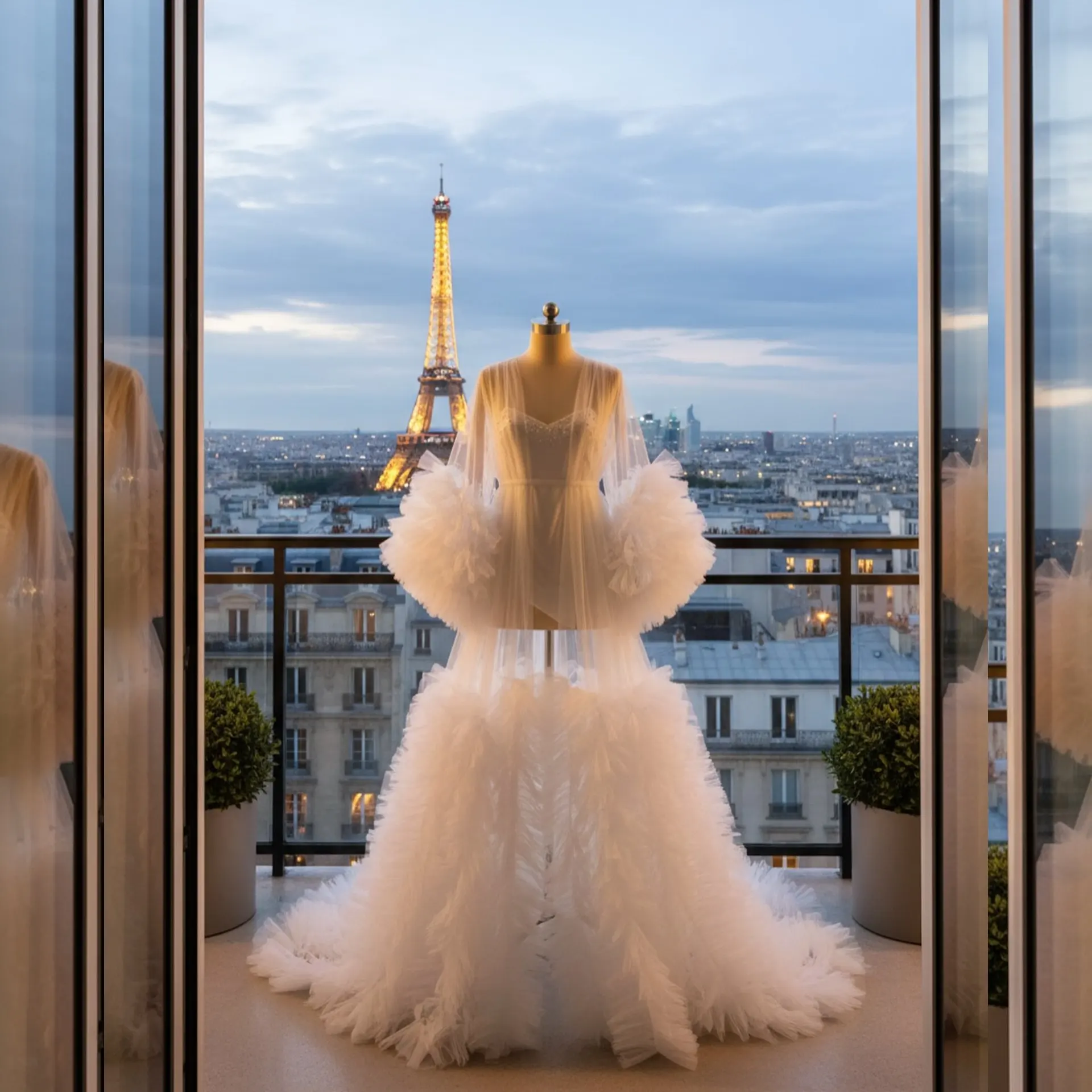 Ivory White Organza A-Line Evening Dress with Sweetheart Neckline & Feathered Sleeve Details Wedding Party Dress – South French