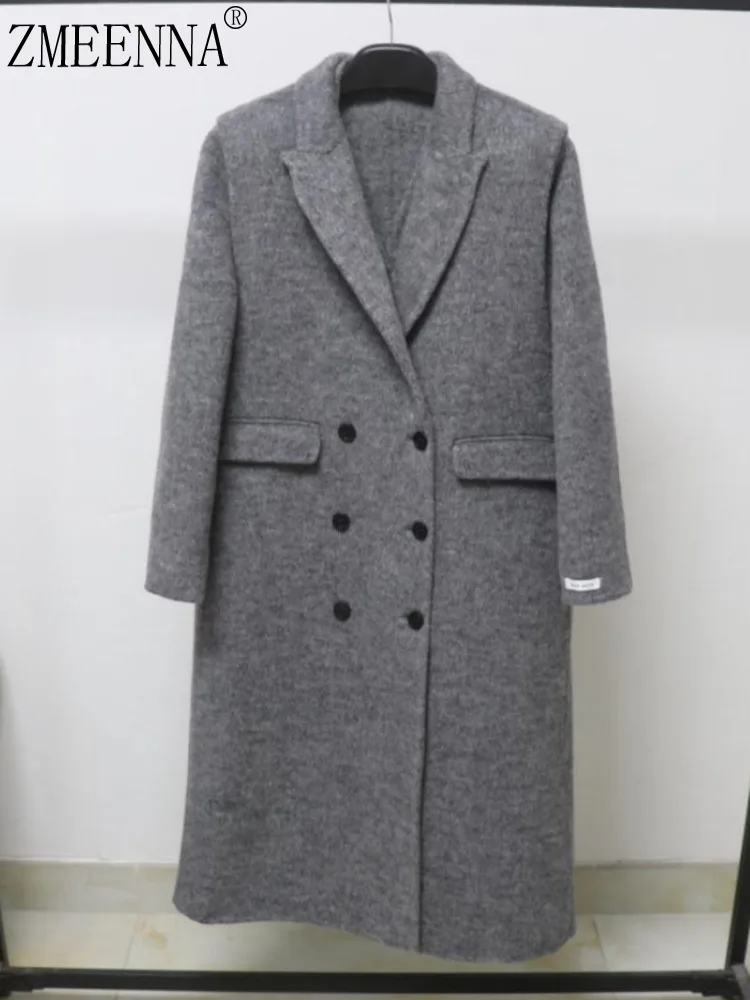 

ZMEENNA Stylish Women's Double-Breasted Long Wool Blend Coat With Classic Lapel Collar Elegant Gray Outerwear Jacket ZM3882