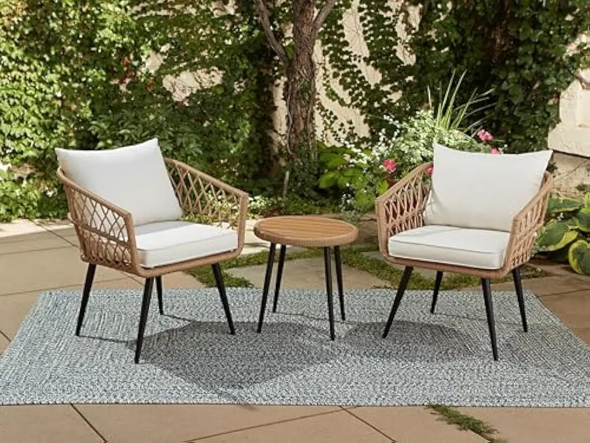 65-YZ03HM Hermosa 3 Piece Chat Set, Aluminum Frame + Tan Wicker + Linen Cushions