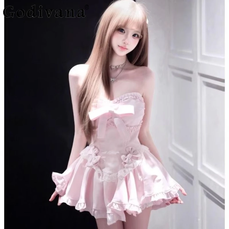 Estate nuovo dolce rosa ragazze vestono puro desiderio design senza spalline abito carino fiocco da donna vita dimagrante abito corto Lolita