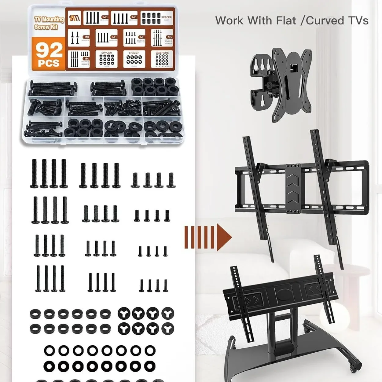 

92/68pcs TV Mount Special Screw Set swivel fireplace TV Wall Mount Screws Nuts Studs Washers M4M5M6M8 set for samsung lg kogan