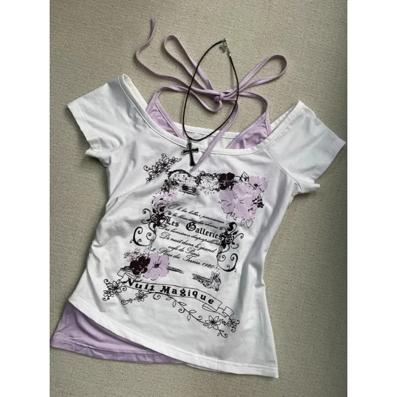 Y2k T-shirt for Women American Vintage Print Halter Neck Fake Two Summer 2025 Sweet sexy style Short Sleeved T-shirts