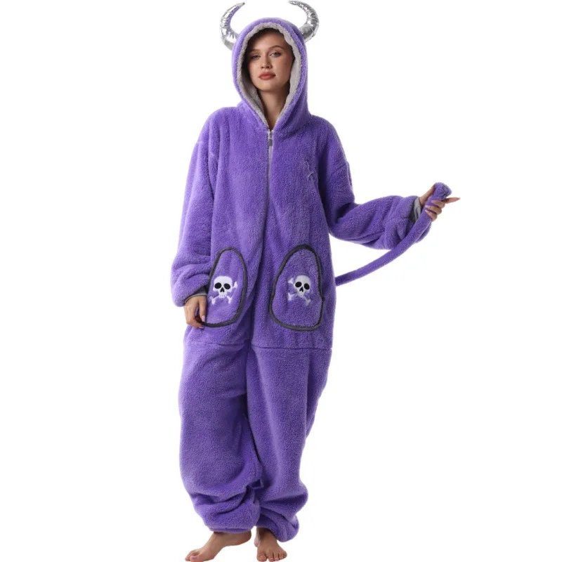 Women Animal Onesie Pajama Polyester Devil Horn Skull Embroidery Zipper Flannel Homewear Halloween Cosplay Costume Plus Size