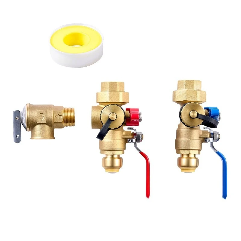3/4 inch tankless water heater service valve kit 2 pieces, isolation valve, pressure relief water heater accessories