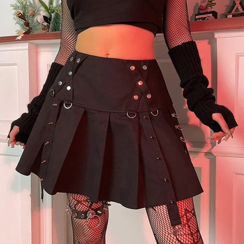 Gothic Skirts Diablo Harajuku Personality Spice Rivet Metal Buckle Streamer Low Waist A Version Short Pleated Skirt Y2k Skirt