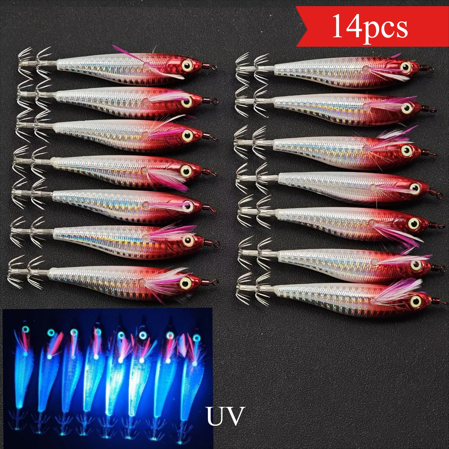 14pcs/set 10cm/9g Shrimp Fishing Lures Luminous Squid Jig Hook Shrimp Prawn Lure Cuttlefish Fishing Accessories Shrimps