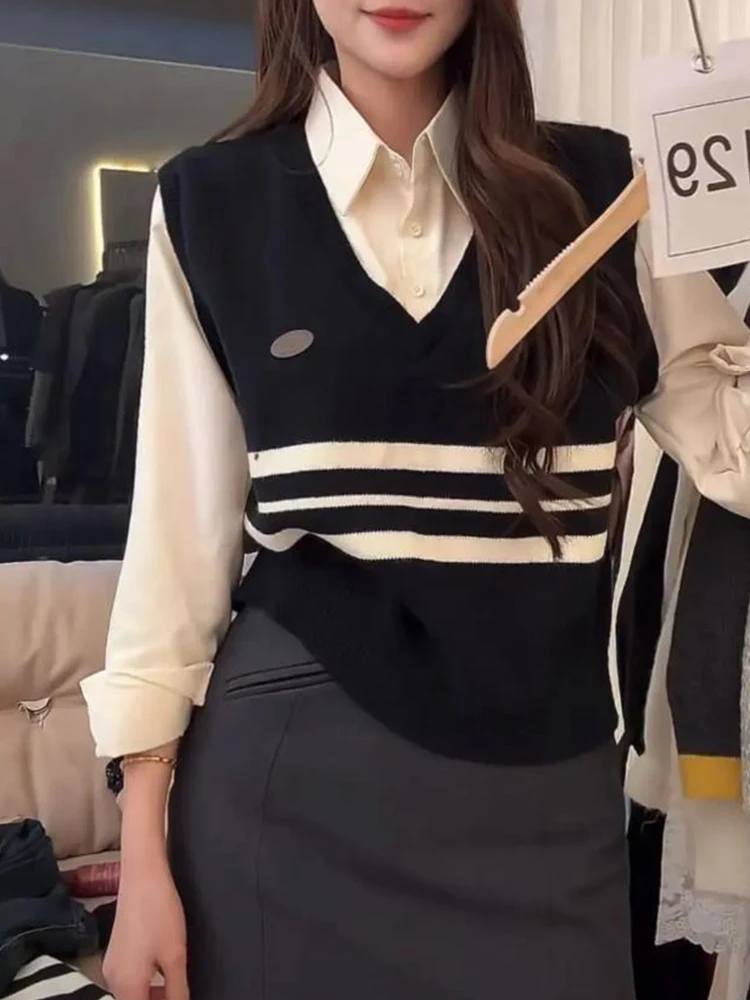 

Ele Collar Knitwear Women's College Sle Sweater Autumn Faion High-End Feeling Patchwork irt Fake Two-Piece Top