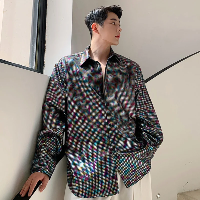 Korean Menswear Fashion Colors Shiny Shirt Loose Lapel Single Breasted Long Sleeve Tops Male Tide Spring Chic Clothes 2022