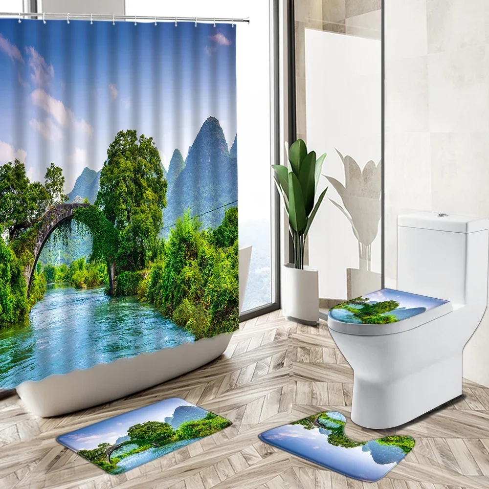 Natural Park Scenery Shower Curtains Trees Plants Stone Bridge Wooden Pavilion View Non-Slip Carpet Toilet Cover Floor Mat Sets