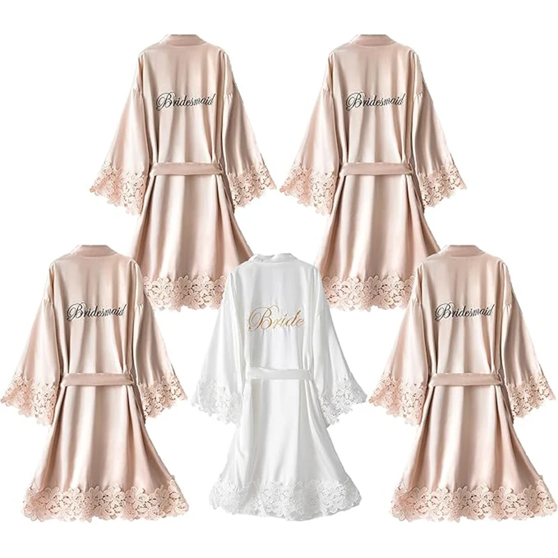 Conjuntos de batas tipo kimono para dama de honor, albornoz sedoso para el día de la boda, con adorno de encaje bordado, listo para usar, 5 uds.