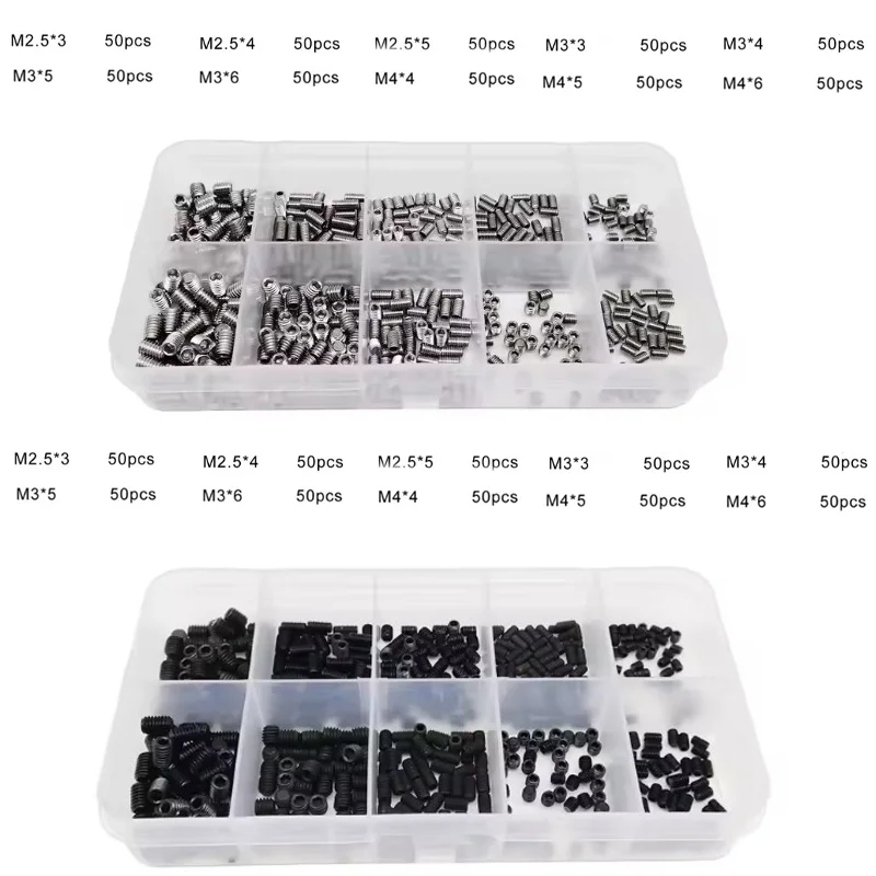 500PCS Black Zinc Plated Stainless Steel DIN913 M2.5 M3 M4 Hexagon Socket Allen Cup Point Set Screw Flat Point Grub Bolt Screw
