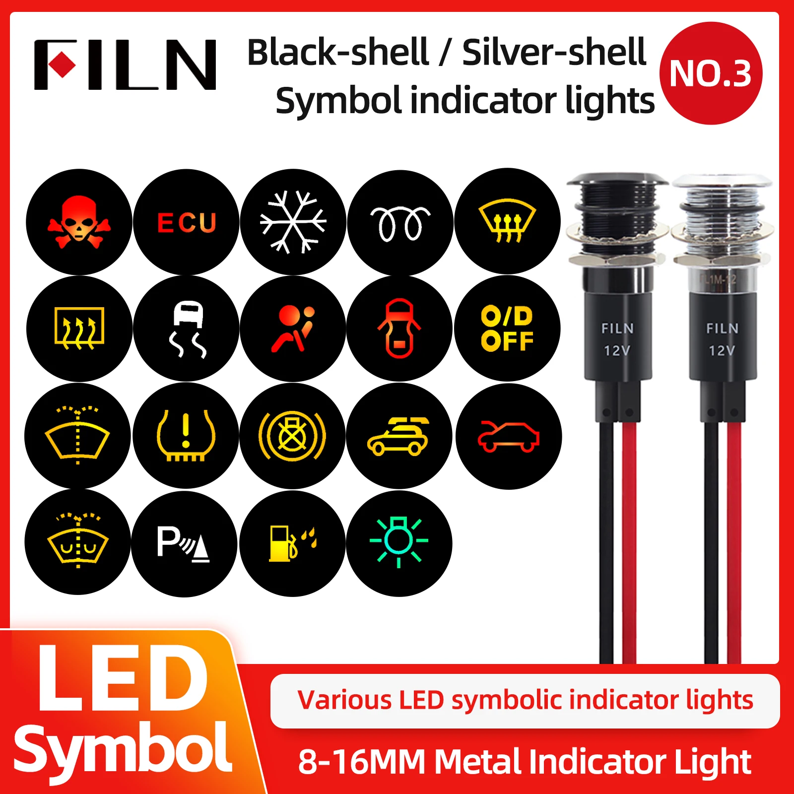 FILN Custom Dash LED 12V 24V 8mm 10mm 12mm 14mm 16mm Indicator Lights Metal Pilot Lights with Wire Symbol Ideal for Cars