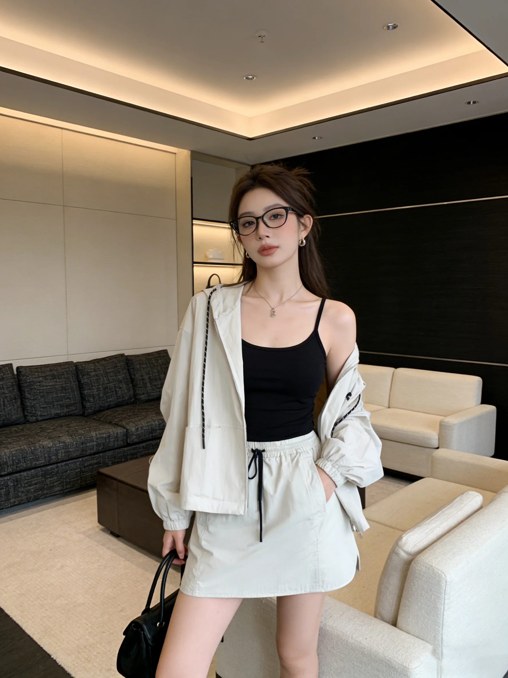 

Casual High Waist Jacket And Skirt Two Piece Set Fashionable Long Sleeve Stand Collar Hooded Workwear Style Spring Autumn Wear