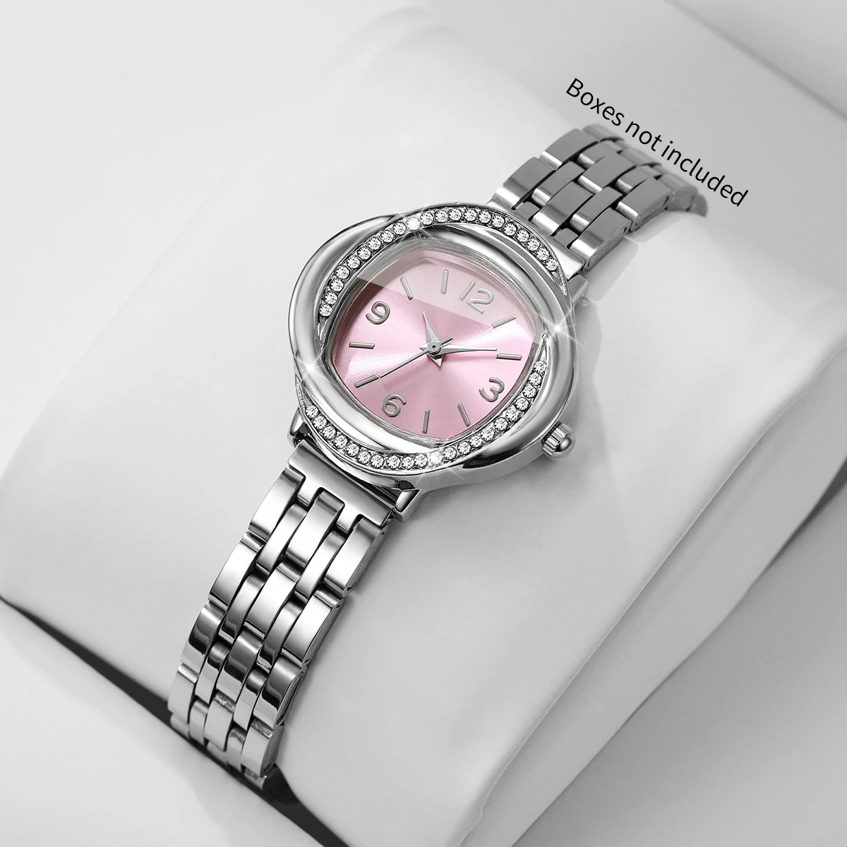 Elegant Rhinestone Pink Dial Women Quartz Watch Stainless Steel Strap Ladies Dress Wristwatches Relogio Feminino（Without Box）