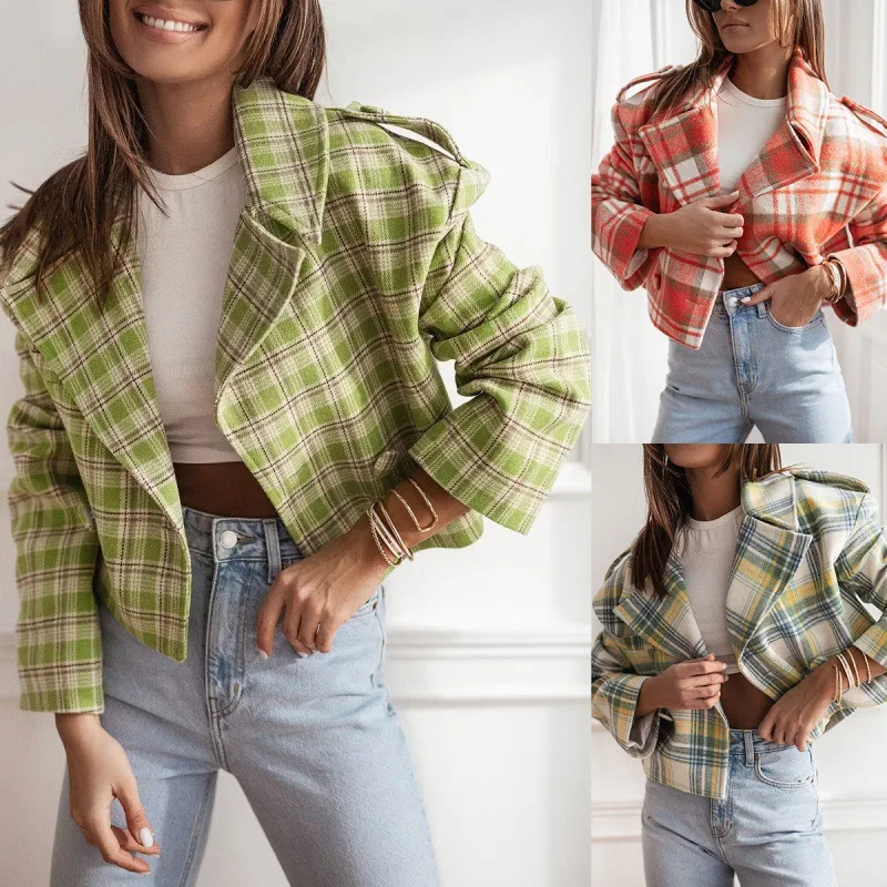 Donne New Fashion British Suit Collar Plaid Print lana piccolo cappotto Street Personality risvolto Casual Top termico corto da donna