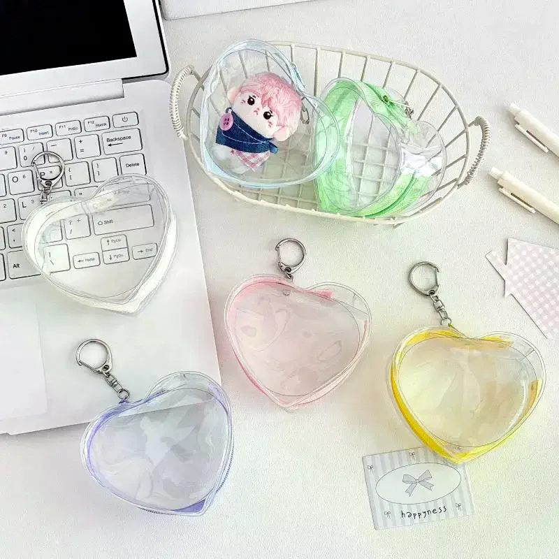 Portable Colorful Heart Transparent Zipper PVC Storage Bag Kaychain Plush Dolls Protector Case Earphone Data Wire Coin Pouch