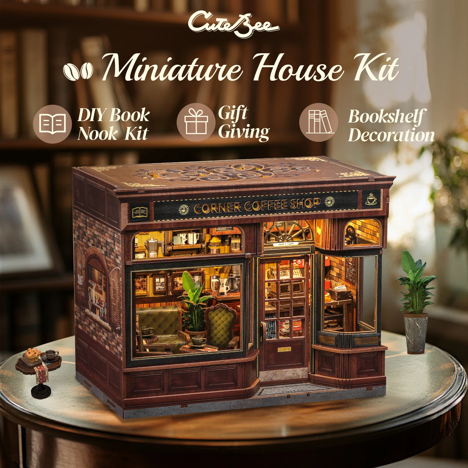 CUTEBEE DIY Book Nook Kit with Light Miniature Wooden Dollhouse Bookshelf Insert Decor Model Perfect Gift for Coffee Shop