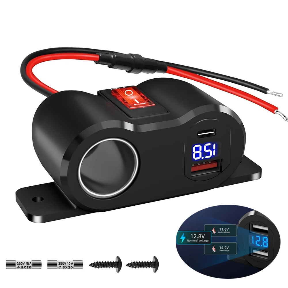 Divisor de enchufe de encendedor de cigarrillos de 120W QC3.0 y PD3.0, 12V, con voltímetro/conector LED para coche, RV, motocicleta marina, camión, ATV