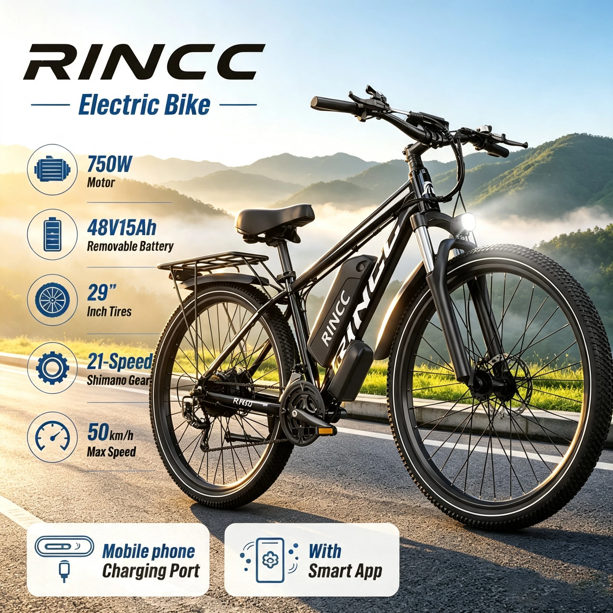Image of 29-Zoll-Elektrofahrrad, 750-W-Motor, 48-V-15-Ah-Akku, abnehmbarer Akku, 21 Gänge, 29-Zoll-Reifen, 65 Nm Drehmoment, Höchstgeschwindigkeit 50 km/h, Ladeanschluss für Mobiltelefone, mit App,