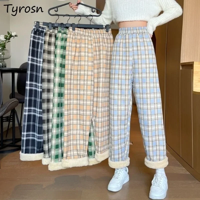 Straight Pants Women Plus Velvet Plaid Thick Thermal Empire Autumn Winter Candy Colors Students Preppy Warm Female All-match Ins