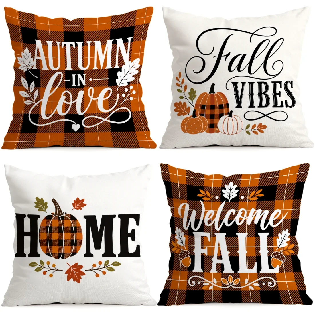 Warm Orange Autumn Language Grid Cushions Pillowcase Polyester Cushion Cover Throw Pillow Pillowcover Home Car Sofa Decor