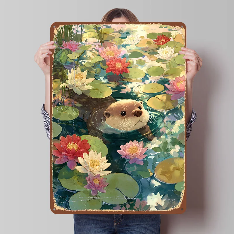 Otter in Lily Pond Printed Poster Customized Wall Art Retro Vintage Metal Tin Signs for Home Decoration Garage Bar Accessories