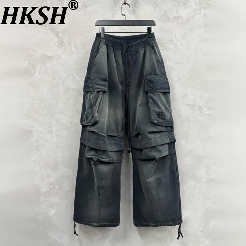 

HKSH осенние новые мужские брюки-карго в стиле панк, винтажные брюки-карго в стиле сафари, утепленные потертые широкие брюки в стиле пэчворк HK14871
