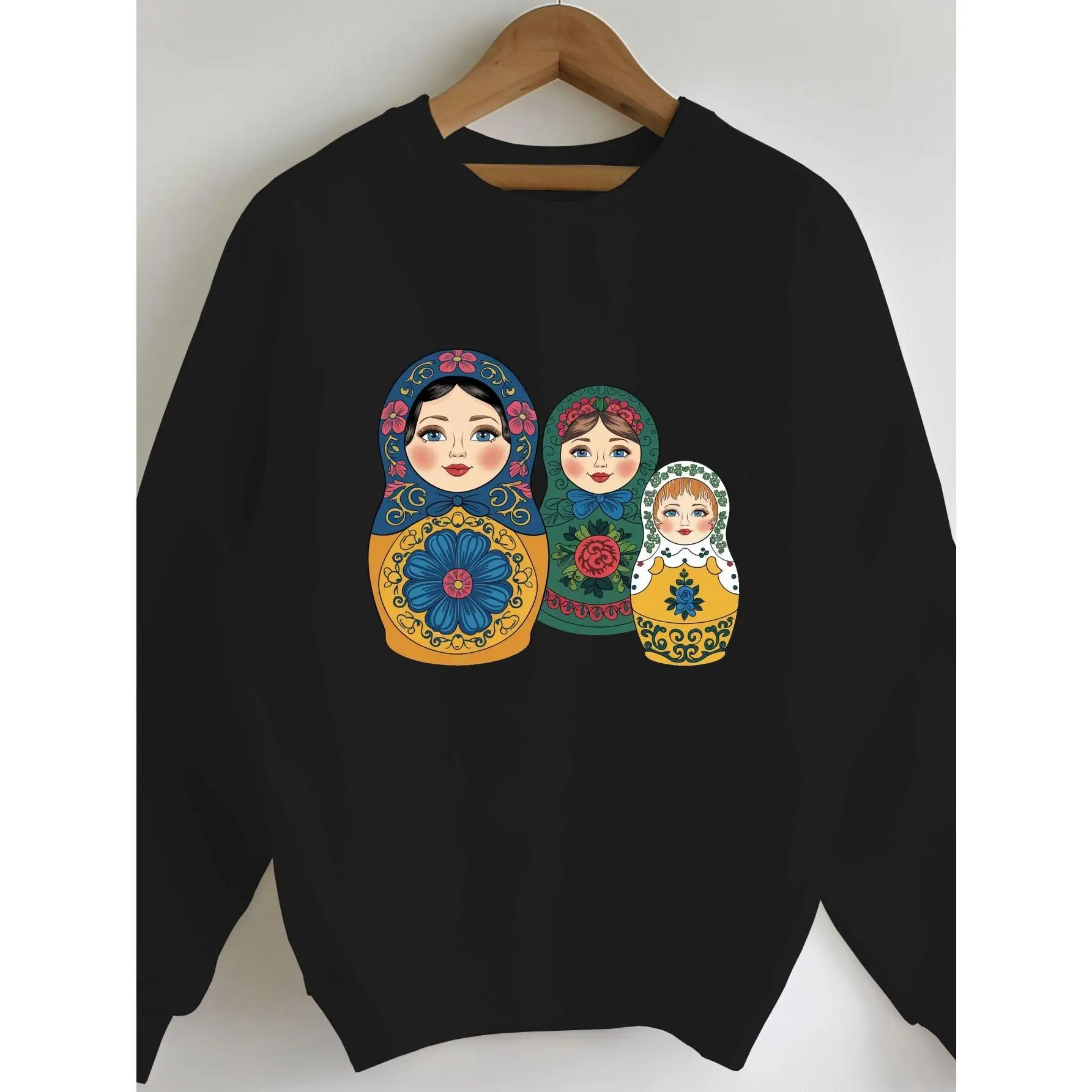 

Women's Russian Doll Sweatshirt Matryoshka Print Pullover Cute Cartoon Folk Art Loose Long Sleeve Top Autumn Winter Fashion